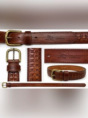 Vintage Carriage Genuine Leather Woven Belt Brown Brass Buckle Size 32–36
